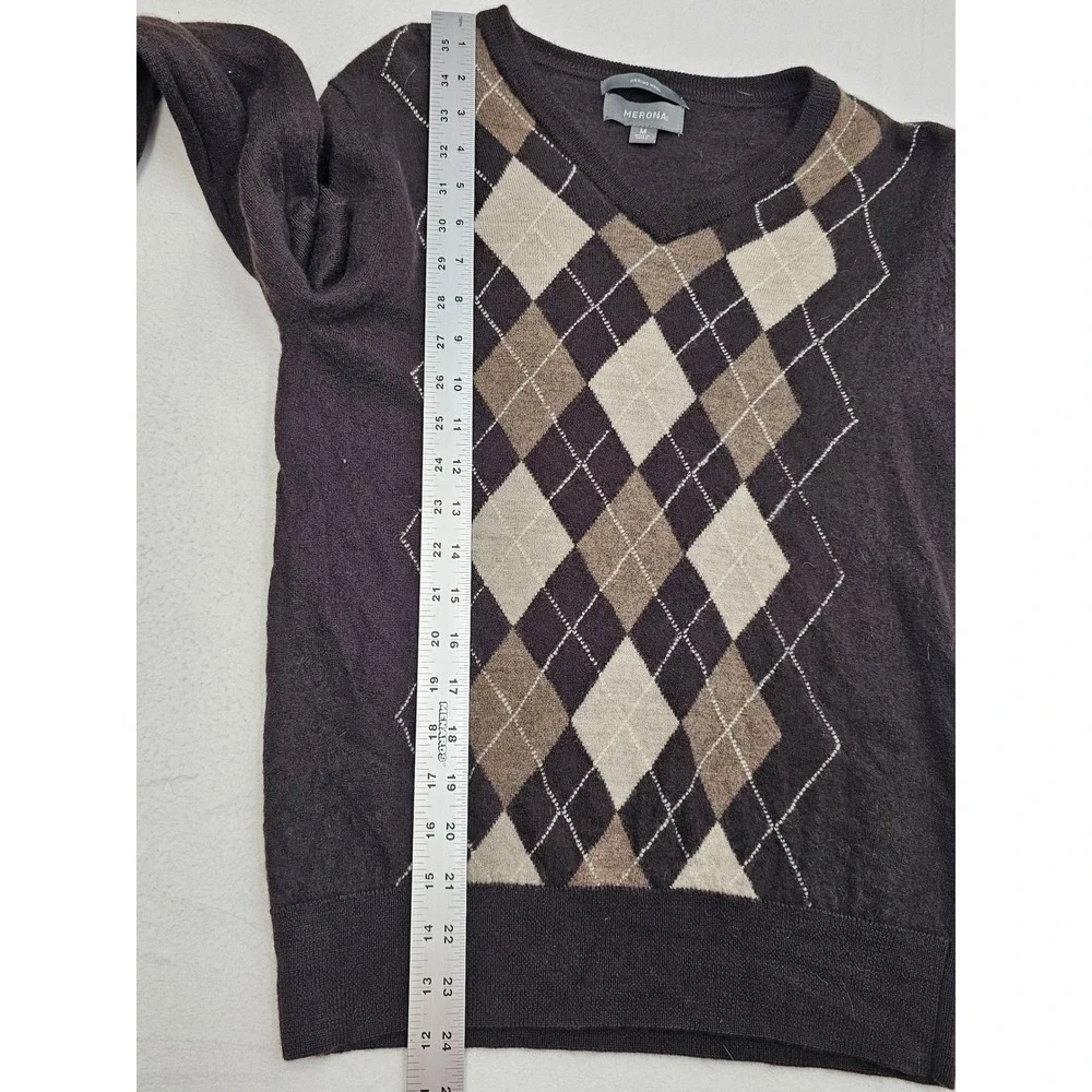 Merona Mens Brown 100% Merino Wool Argyle V-Neck Sweater Size M‎ F16750986